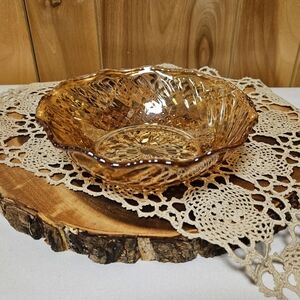 Marigold "Diamond Point" Amber Carnival Depression Glass Bowl Scalloped Edge 6"